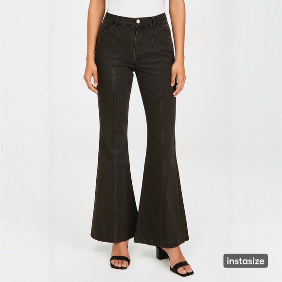 SHEIN Black Faux Leather Distressed Front Seam Flare Leg Pants Size 6 - Picture 1 of 10